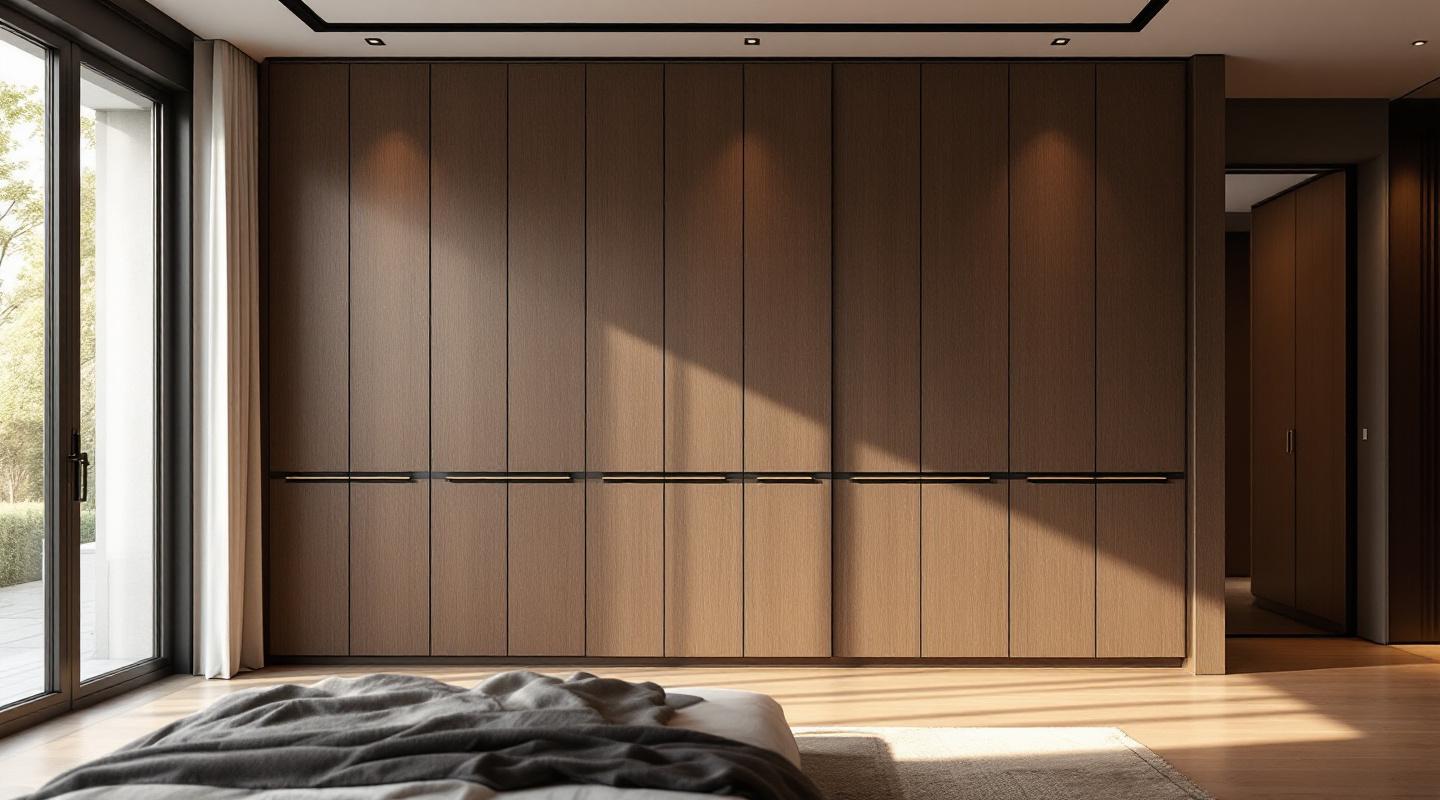 Armario a medida empotrado pared completa en dormitorio Barcelona — chapa de roble ahumado iluminacion LED integrada