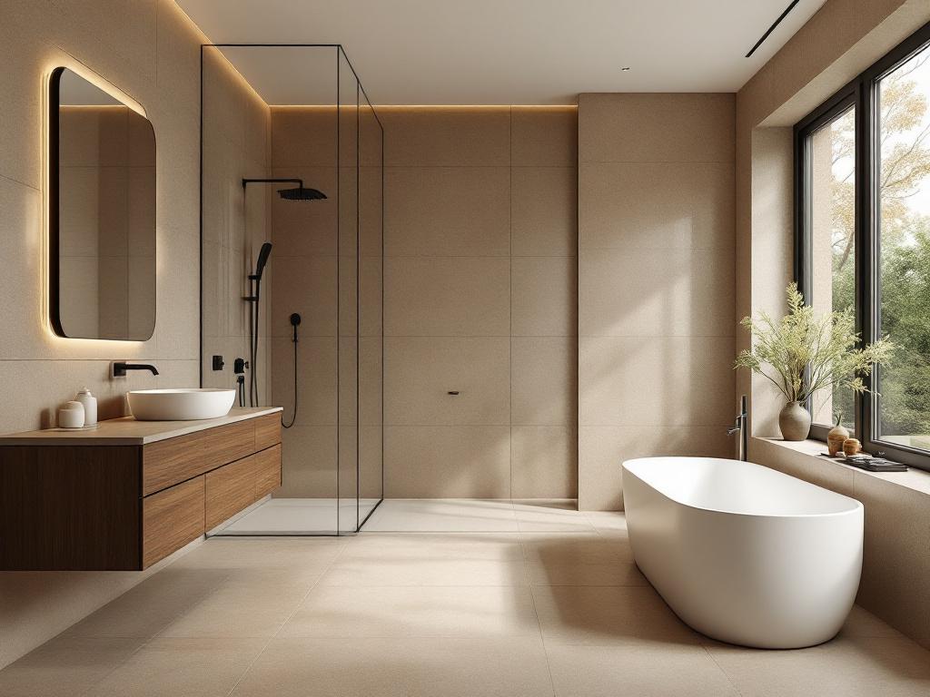 Bano reformado estilo spa en Barcelona por Obliko — porcelanico beige ducha de obra banera exenta