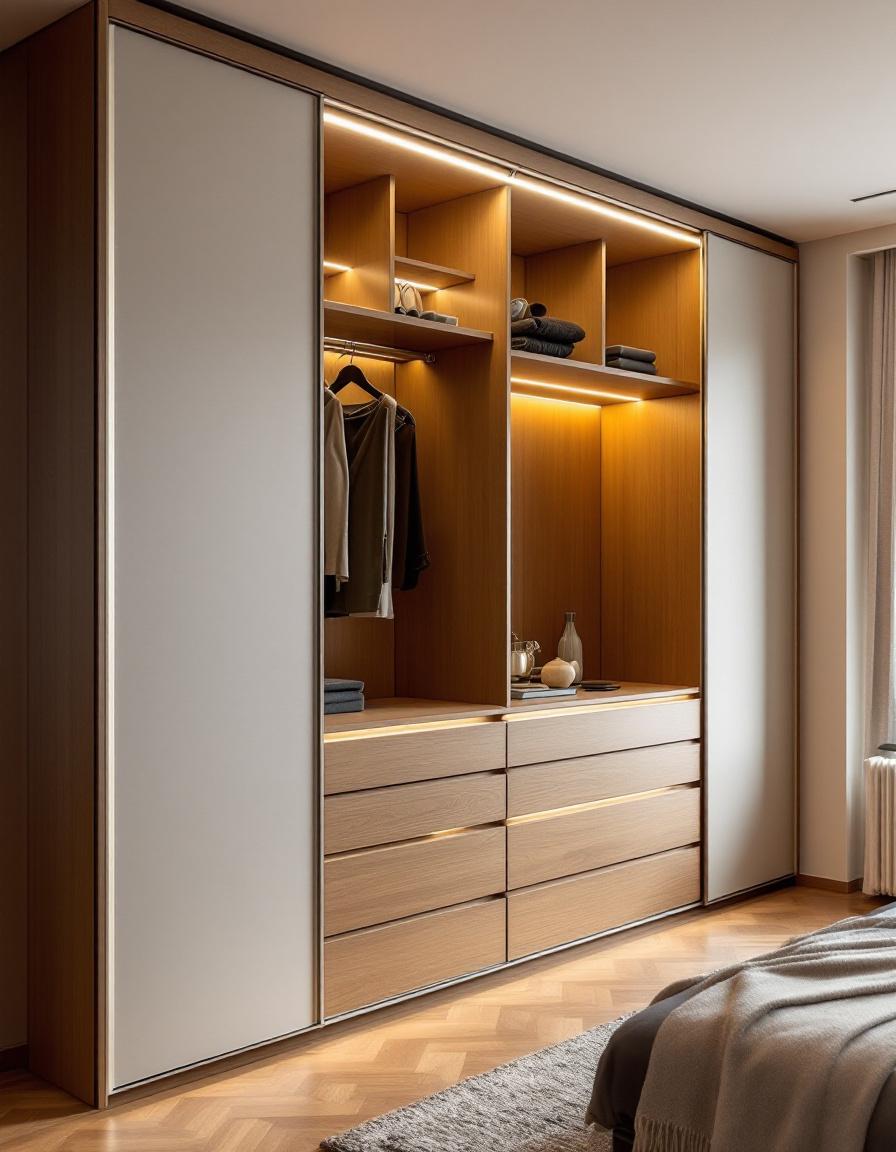 Armario a medida empotrado fabricado por Obliko en Barcelona — madera roble puertas correderas lacado blanco interior organizado