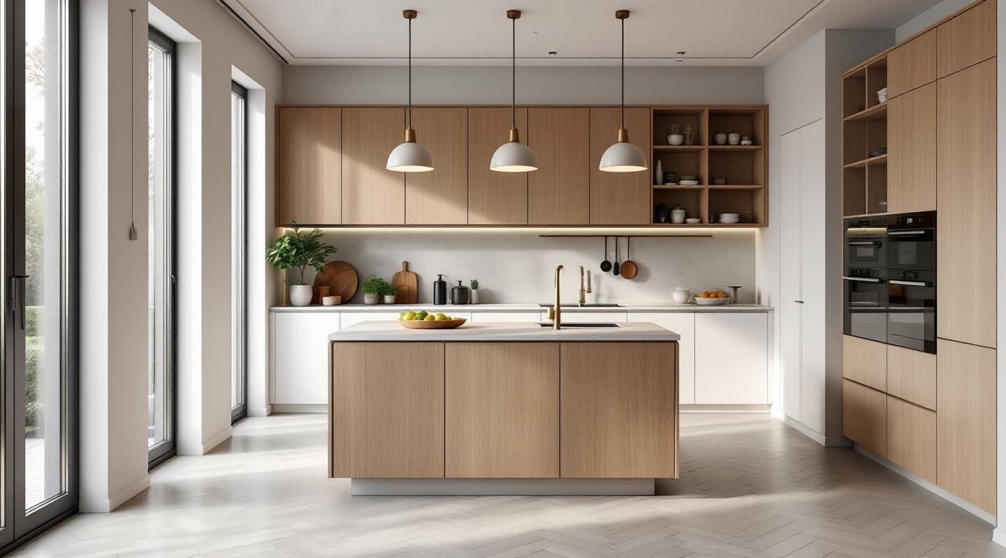 Cocina reformada en Barcelona por Obliko — armarios blancos isla de roble encimera de cuarzo