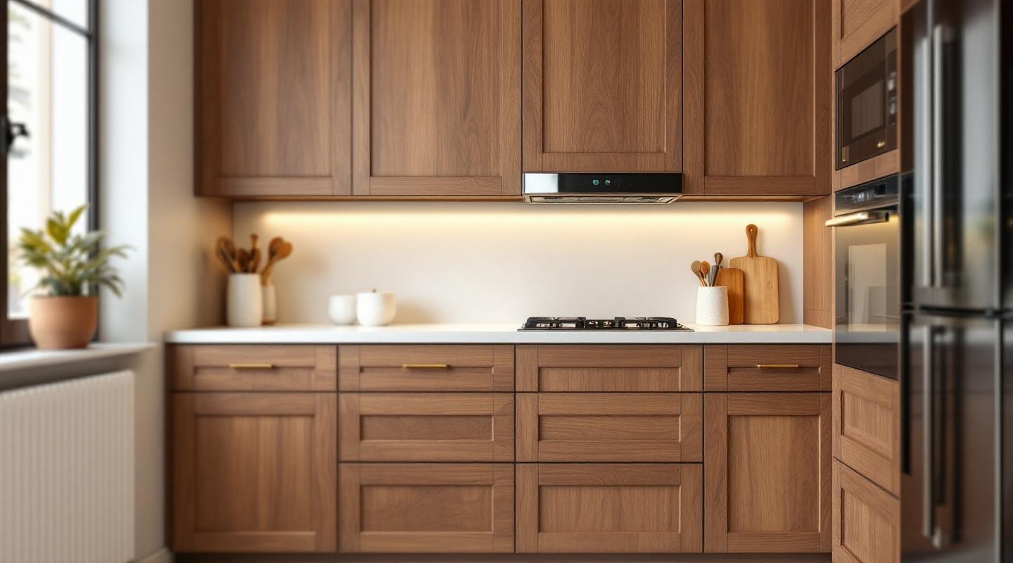 Cocina a medida en nogal natural con herraje bronce en Barcelona fabricada por Obliko — detalle carpinteria artesanal