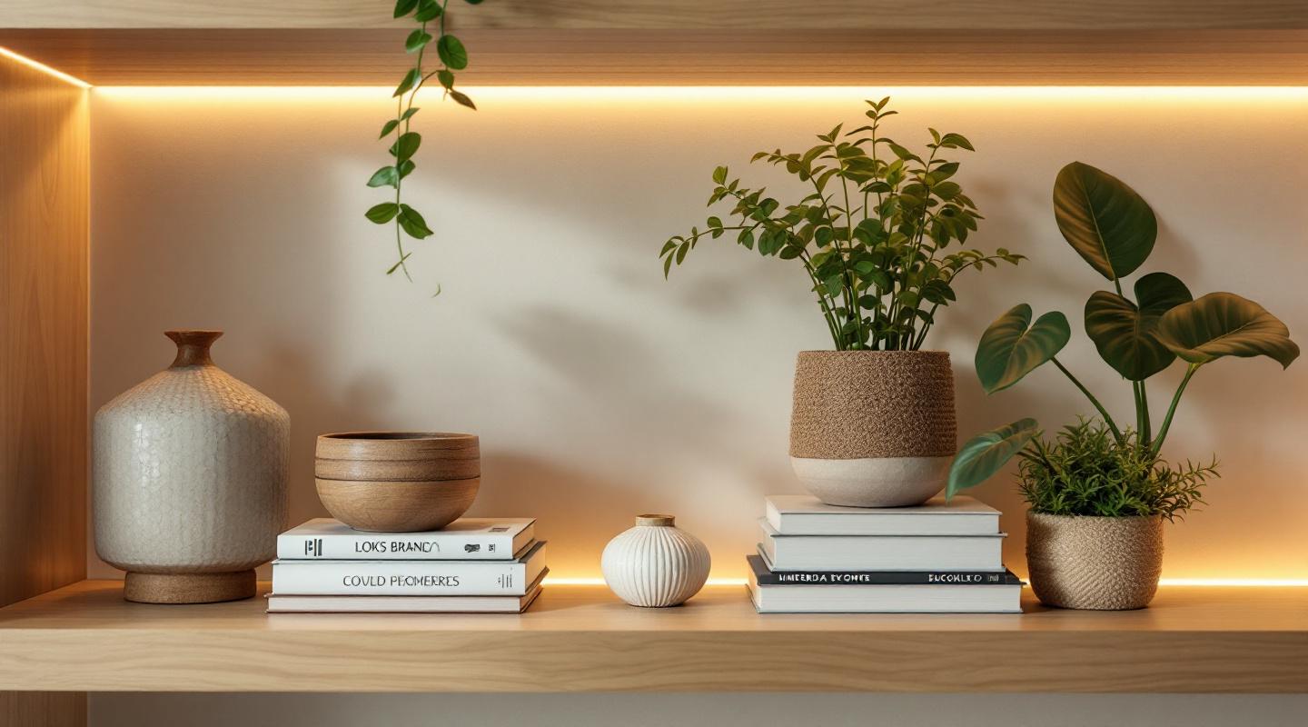 Detalle de decoracion de interiores en Barcelona por Obliko — estanteria de roble con objetos ceramicos y plantas