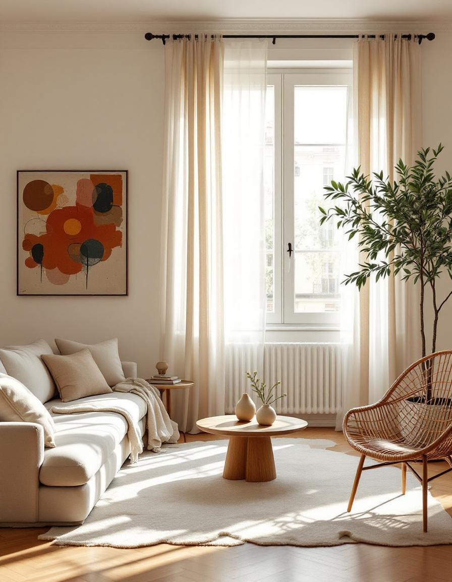 Decoracion de interiores en apartamento Barcelona por Obliko — salon luminoso con sofa de lino silla de ratan y arte abstracto