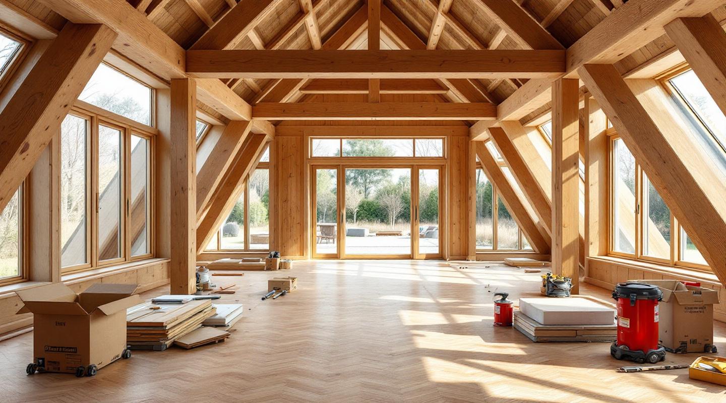 Estructura de entramado ligero de madera en construccion — montantes y vigas de Douglas en vivienda residencial