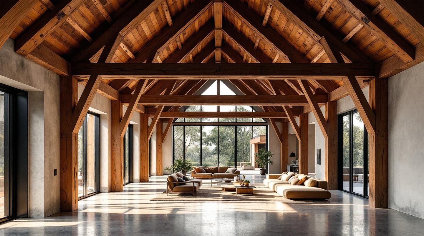 Interior con estructura de madera laminada encolada en vivienda Barcelona por Obliko — vigas vistas espacio abierto