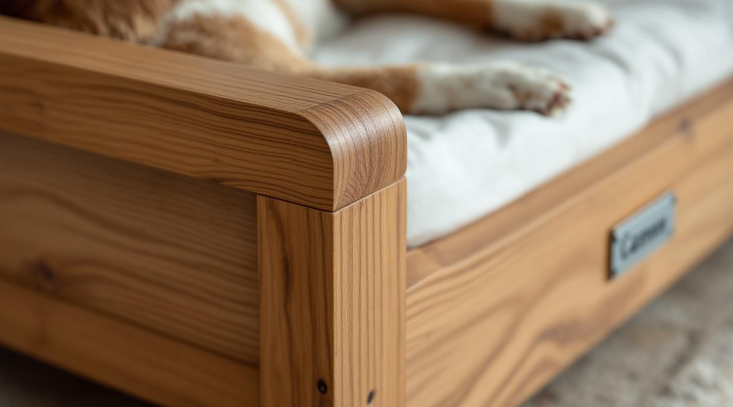 Detalle de cama para perro fabricada a mano en roble natural por Obliko — uniones precisas acabado satinado placa metalica