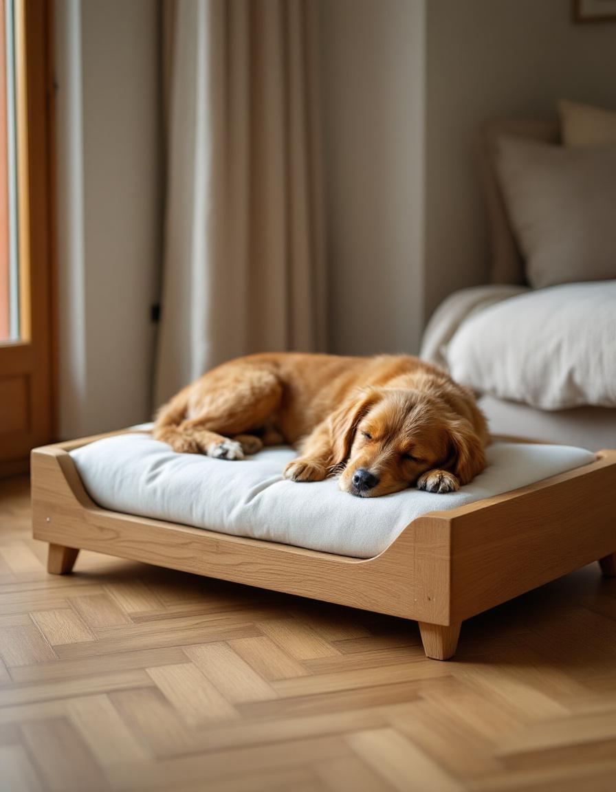 Cama para mascota a medida fabricada en madera por Obliko Barcelona — golden retriever descansando en cama redonda de roble