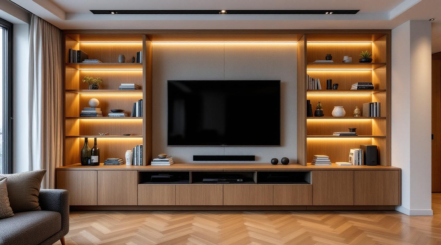 Mueble de salon a medida en roble natural con iluminacion LED y modulo de television fabricado por Obliko Barcelona