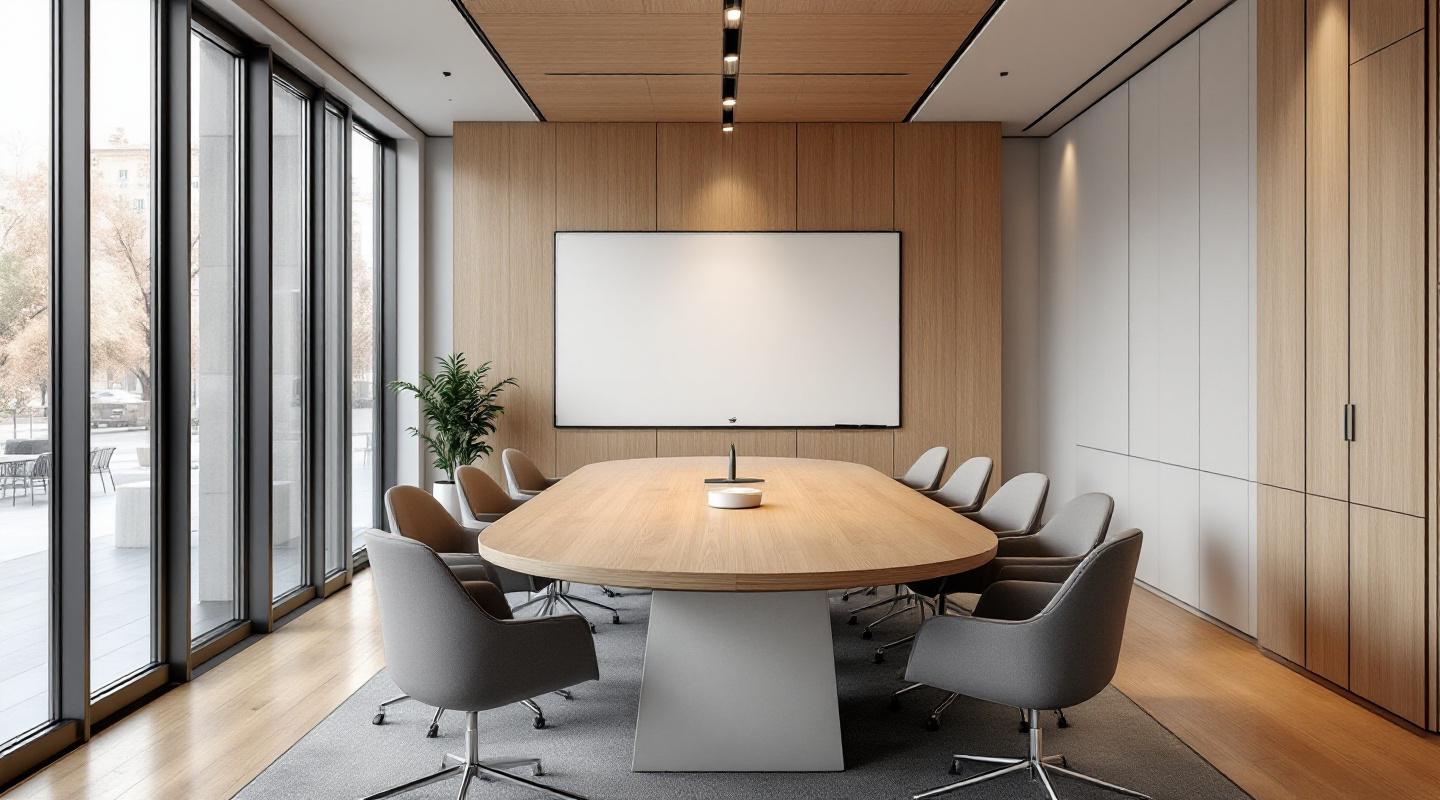 Sala de reunion reformada en oficina Barcelona por Obliko — mesa de roble sillas ergonomicas panel acustico